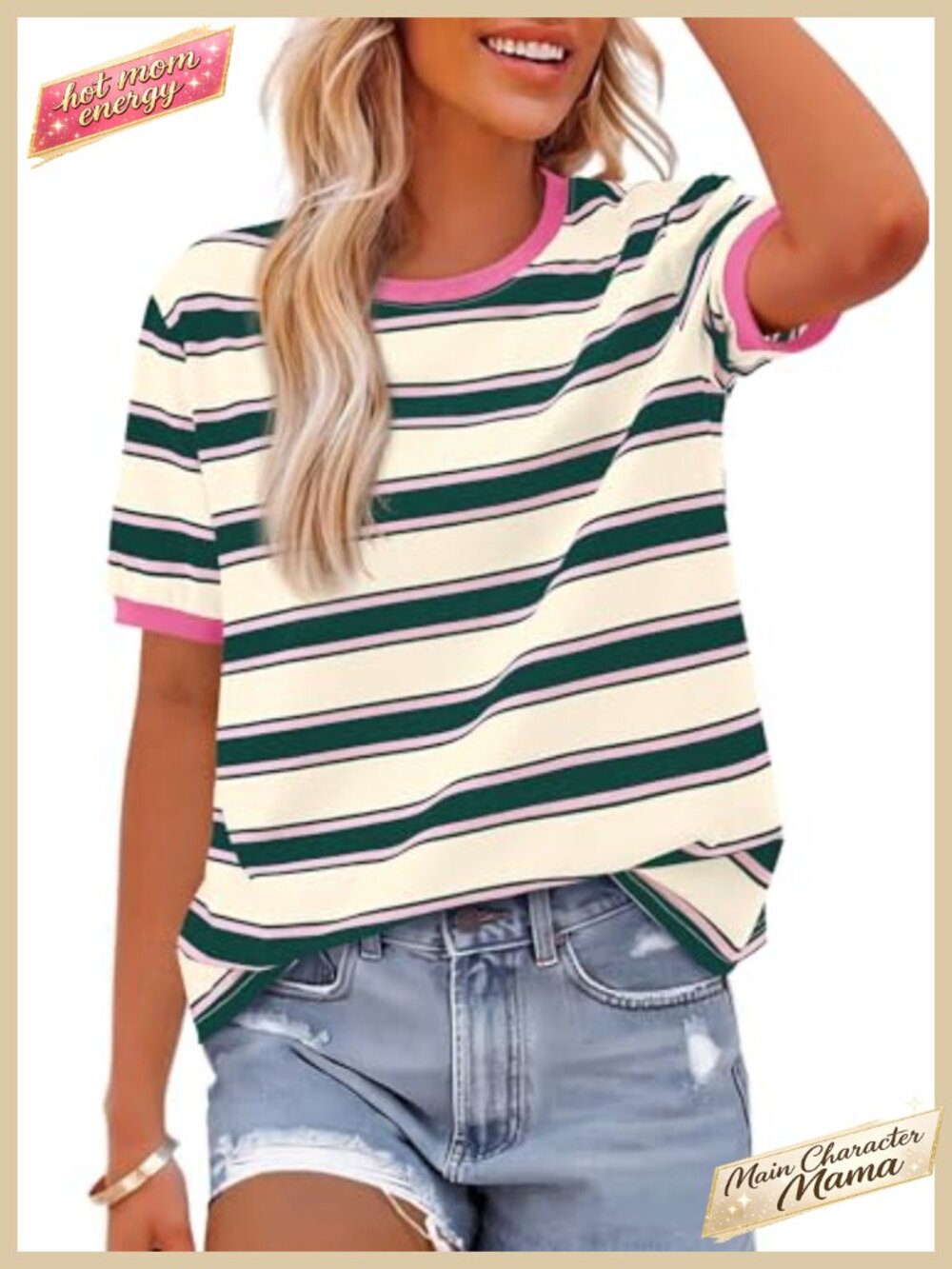 Womens Short Sleeve Striped Crew Neck T-Shirt Loose Fit Lightweight Summer Top